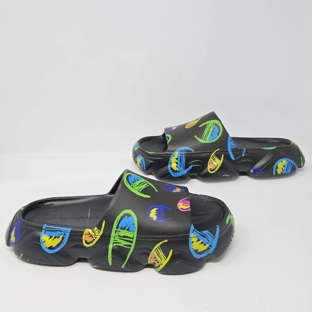 Champion Kids Hyper Slide Black Multicolor Scribble Logo Platform Sandals Size 5